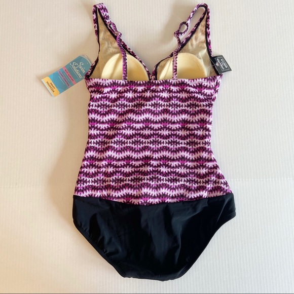 Swim Solutions Purple Slimming Ruched V Neck Wide Strap One Piece Swimsuit NEW - Picture 3 of 7